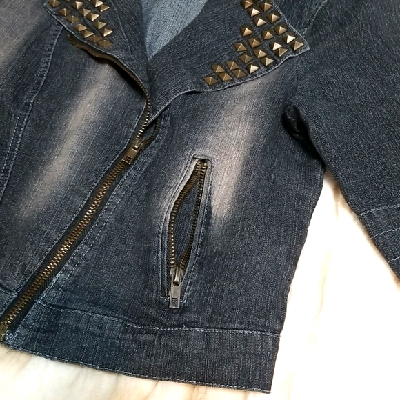 Cropped Dark Denim Jean Jacket w/ Studs Small - Picture 4 of 10